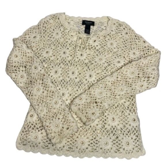 Express cream hand knit formal crochet wool blend sweater size M - Picture 11 of 16